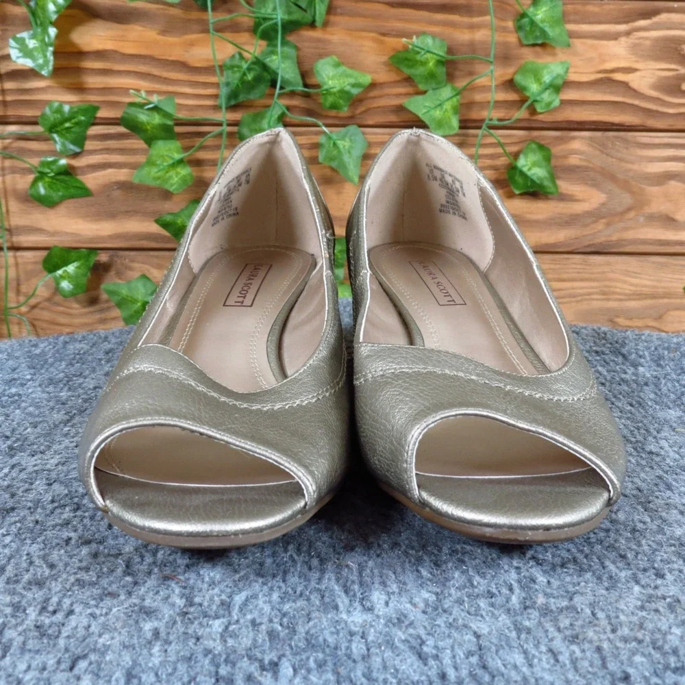 Laura Scott Coleen Women Peep Toe Wedge Pump Size 8.5M Dress Champagne Gold